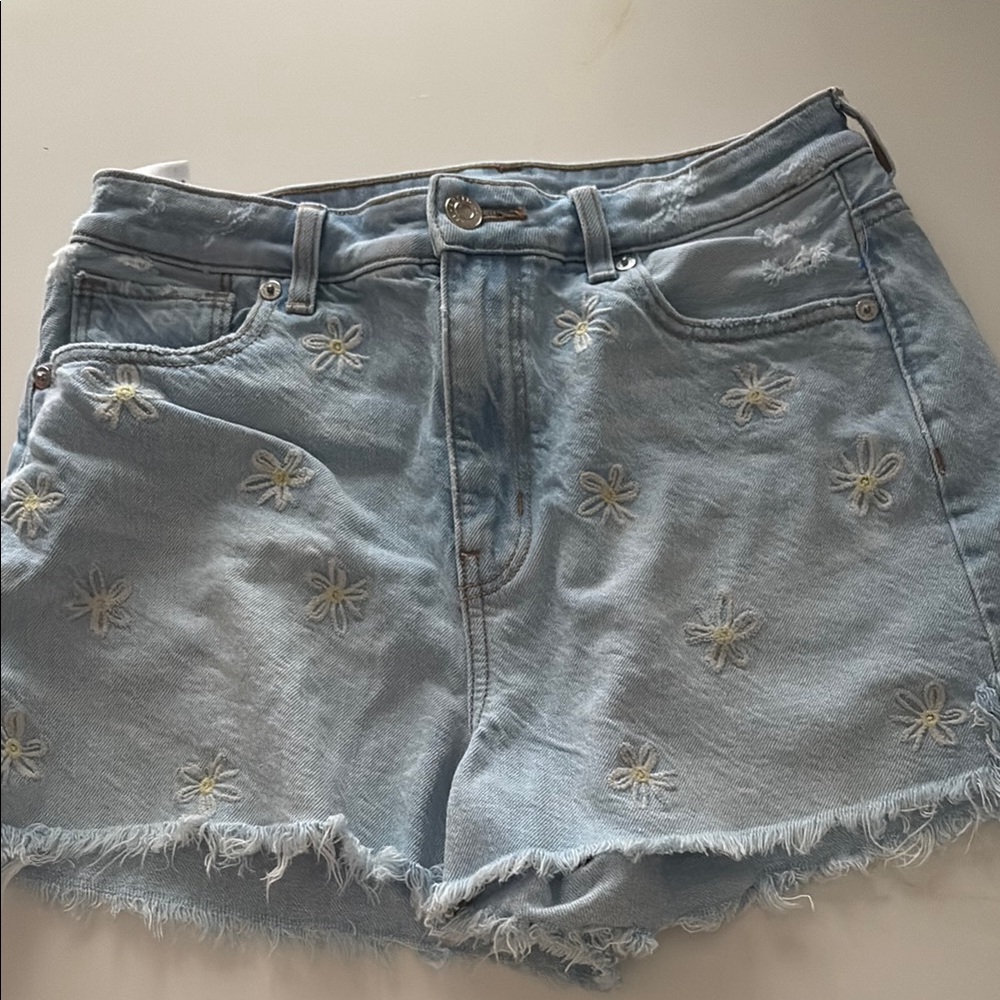 Light Blue Denim Shorts with Daisy Embroidery